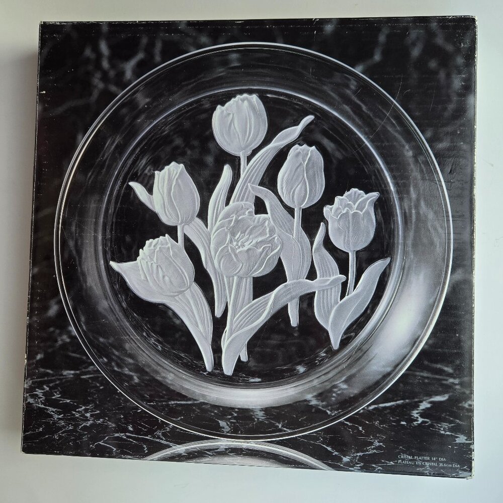 Large Glass Serving Platter Tulips Big & Heavy 14" Round Floral Tray BNIB